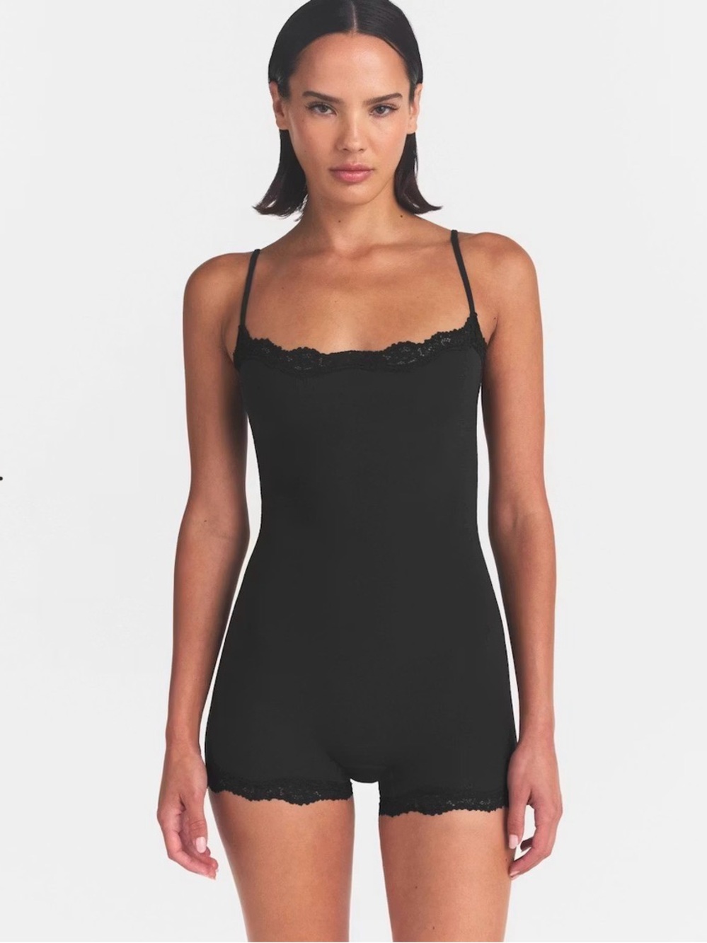 SKIMS Black Lace-Trim Shaping Bodysuit Romper